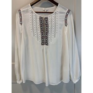 Joie 100% Silk Clema Embroidered Boho Bib Scoop‎ Neck Peasant Top Size M